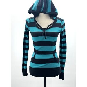 VTG Y2K Waffle Knit Hoodie Medium Henley Stripe Pocket Deep V Retro Slim 90s Fit